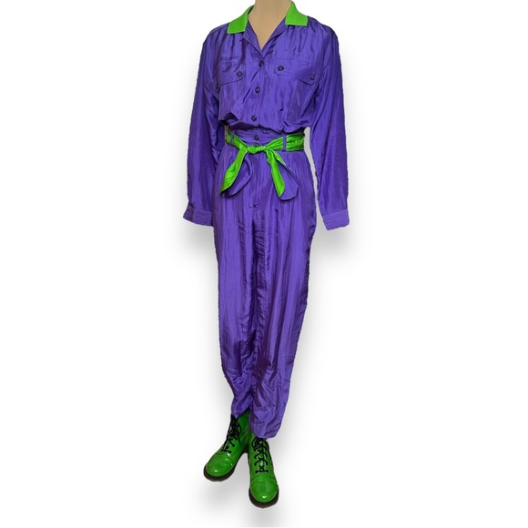 Vintage Pants - Vintage SK & Company Silk Jumpsuit Belted Plisse Purple Green Women's Size Small